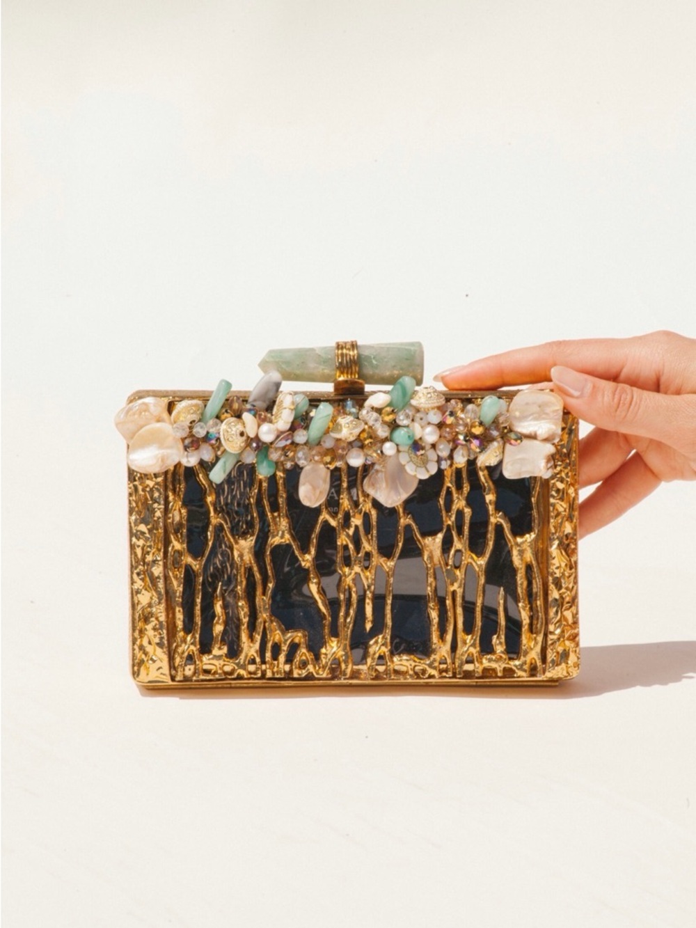 RAMLA(ZEINA)Gold Beaded Floral Accent Evening Bag - Green & Cream Embellishments - Picture 2 of 11
